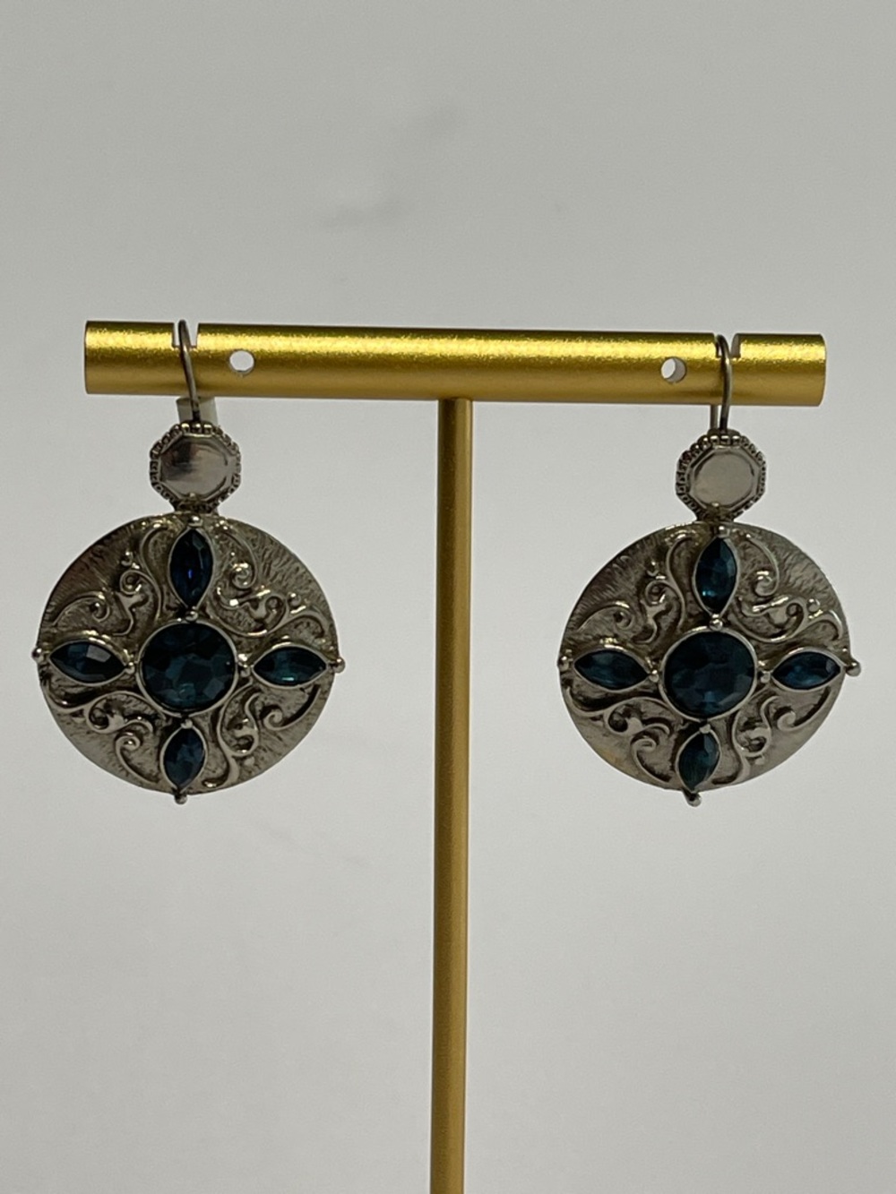 Vintage Y2K ocean blue rhinestone accented pewter toned disk earrings